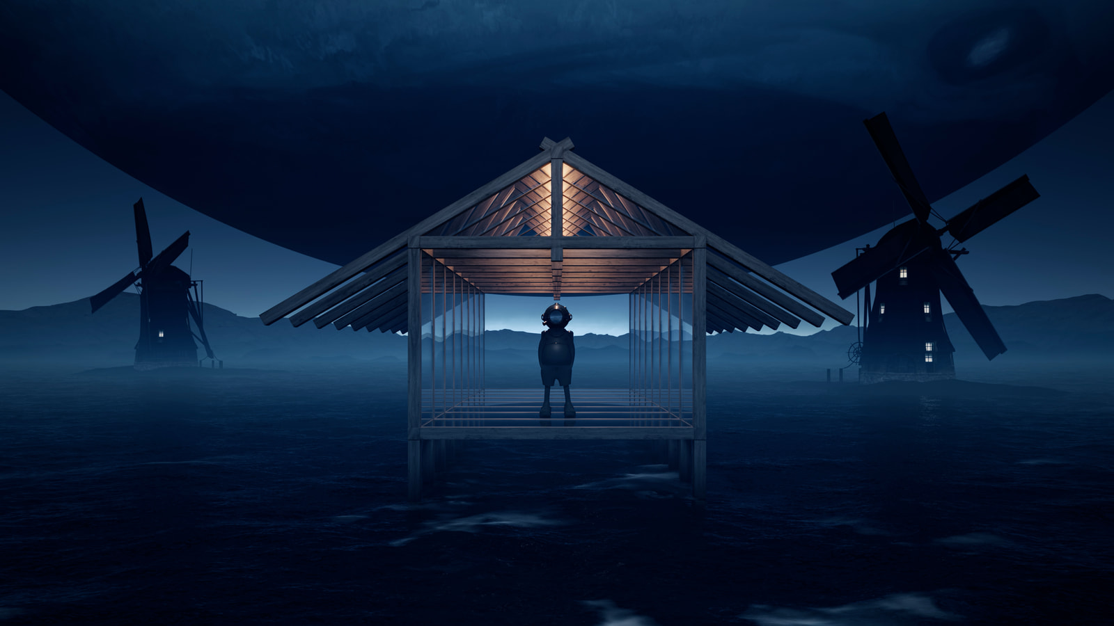 The Journey Home — still: the house between windmills